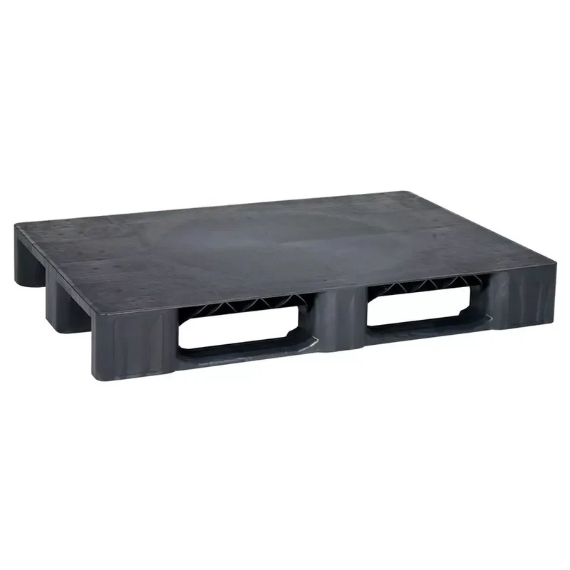 Kunststoffpalette, PE-RE, schwarz, Oberdeck geschl., ohne Rand, 3 Kufen, BxTxH 800x1200x155 mm, Traglast stat/dynam/Rega