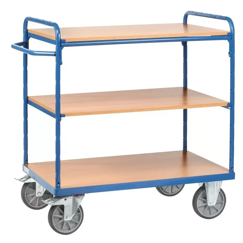 Etagenwagen, 2 offene Wände, 3Ladeflächen LxB 850x500 mm, Außenmaße 1019x509x1111 mm, Traglast 500 kg, RAL 5007 brillan