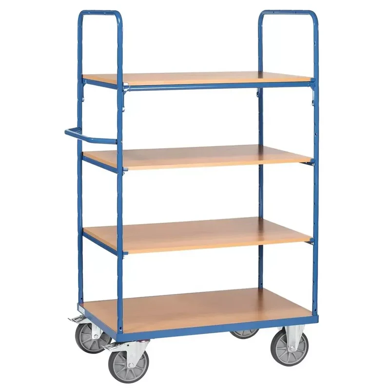 Etagenwagen, 2 offene Wände, 4Ladeflächen LxB 1000x700 mm, Außenmaße 1169x709x1800 mm, Traglast 600 kg, RAL 5007 brilla