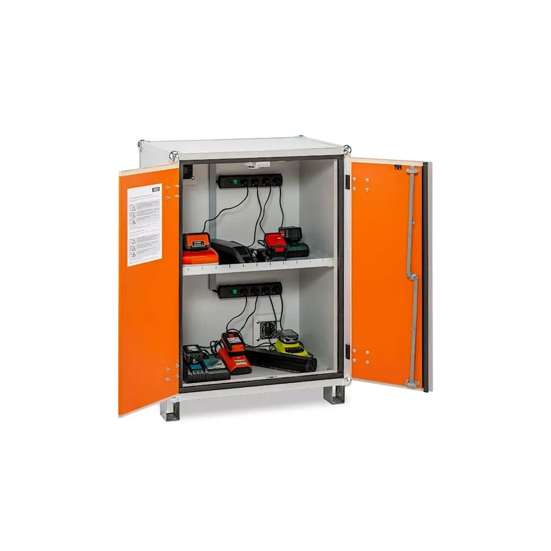 Akku-Ladeschrank, Li-SAFE 8/10 Premium, L.890 x B.660 x H.1110 mm, 2 vier-fach 1-phasige Steckdosen, Stapelfüßen, Rauchmelder, Lüftung und Alarmierung