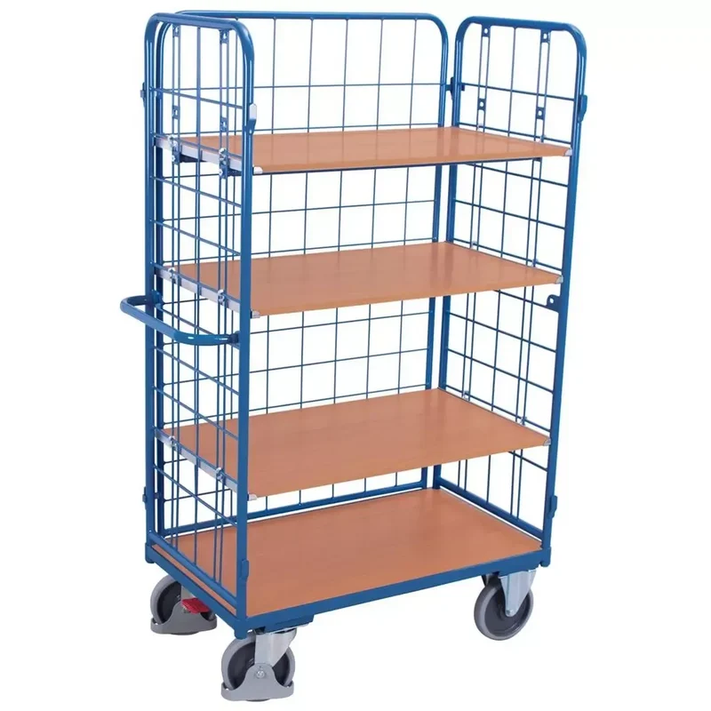Etagenwagen, 3 Gitterwände, 4Ladeflächen LxB 1000x700 mm, LxBxH 1190x725x1820 mm, Traglast 500 kg