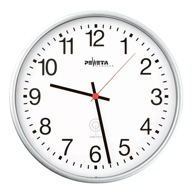 Funk-Wanduhr, Durchm. 300 mm, Kunststoffgehäuse silber, Ziffernblatt weiß, arabische Ziffern