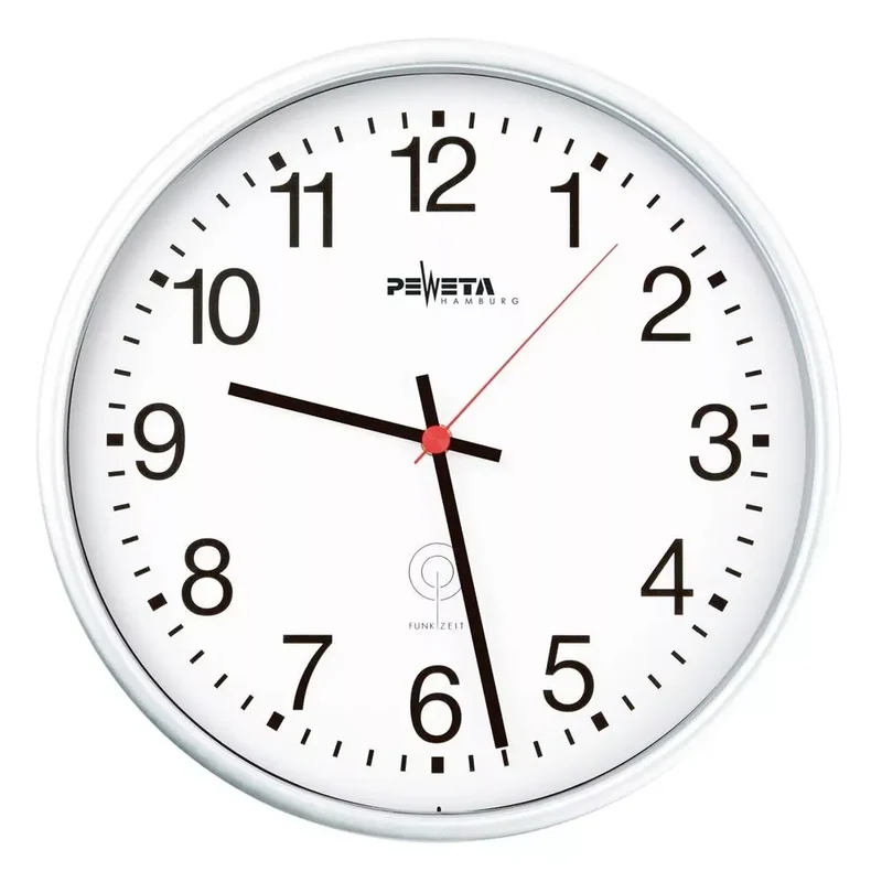 Funk-Wanduhr, Durchm. 300 mm, Kunststoffgehäuse weiß, Ziffernblatt weiß, arabische Ziffern
