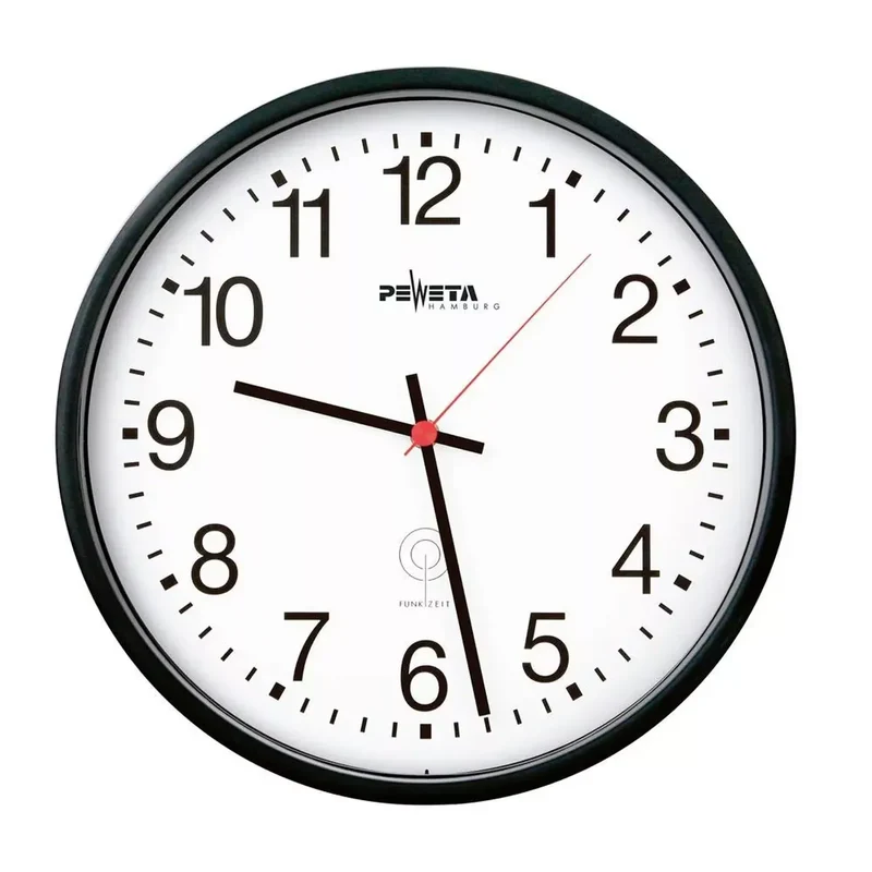 Funk-Wanduhr, Durchm. 250 mm, Kunststoffgehäuse schwarz, Ziffernblatt weiß, arabische Ziffern