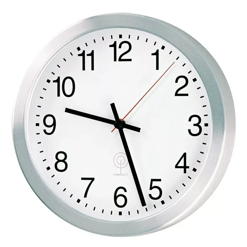 Funk-Wanduhr, Durchm. 300 mm, Alugehäuse silber, Ziffernblatt weiß, arabische Ziffern