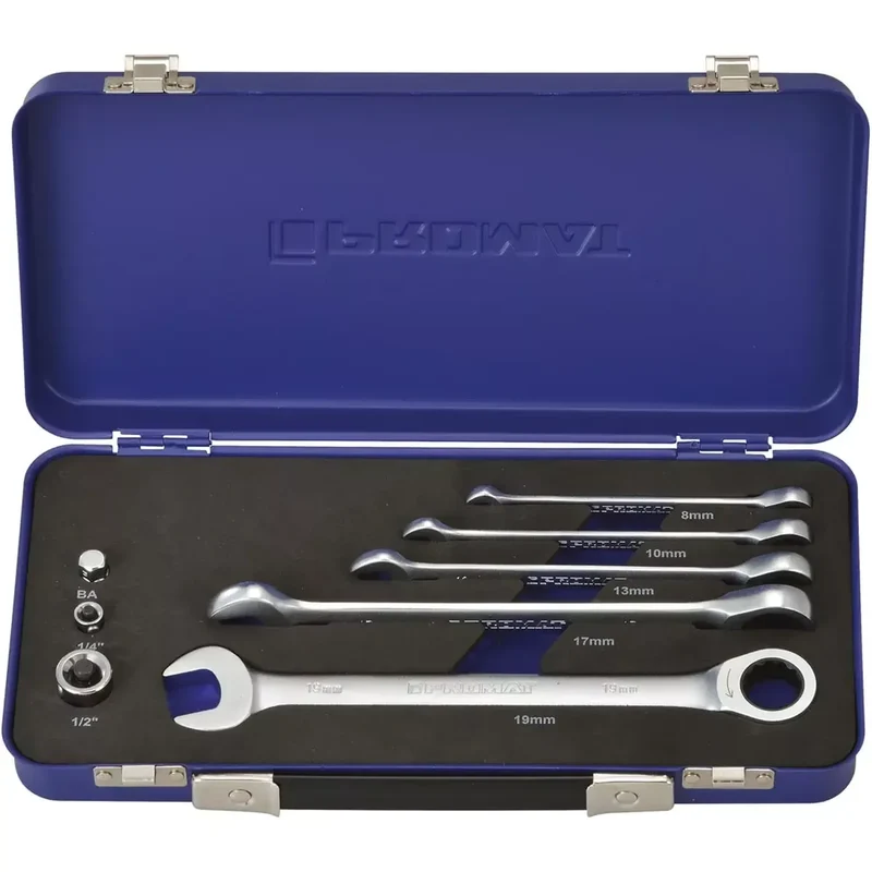 Knarrenringmaulschlüsselsatz,8 teilig, Schlüsselweite 8-19mm, 72 Zähne, gerade Form, inklusive 3 Adapter