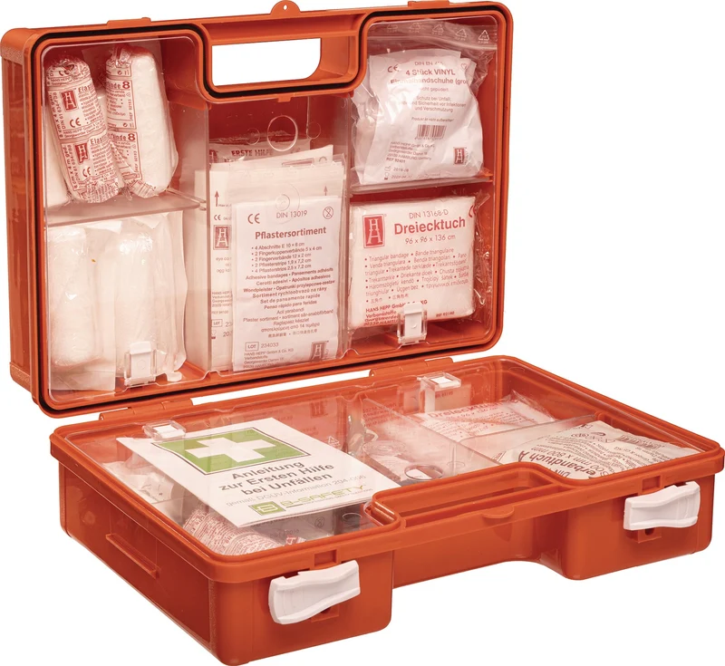 Erste Hilfe Koffer DIN 13157-2021 von B-SAFETY – Schlagfest, orange, 310x210x130 mm