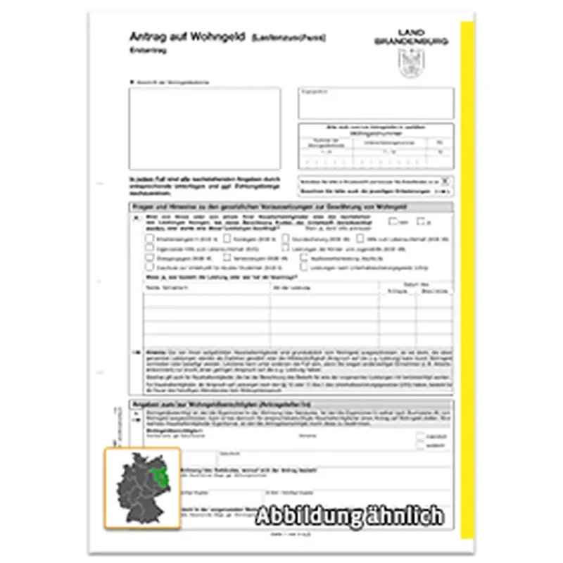 Antrag Wohngeld, Lastenzuschuss, A4 8-seitig, weiß mit gelben Orgastreifen, 300 Stück