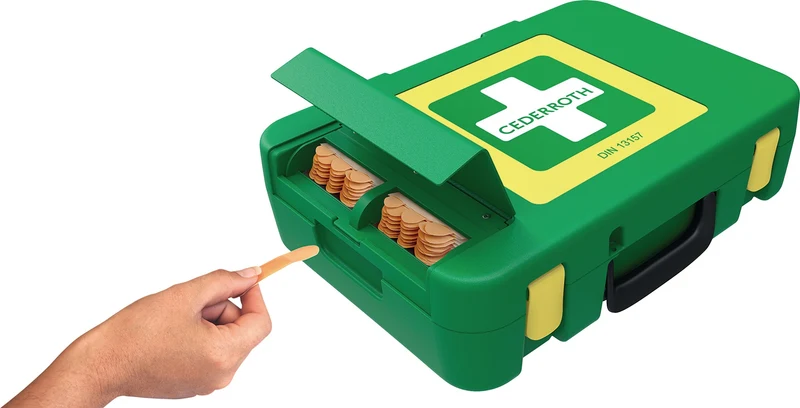 Erste Hilfe Koffer CEDERROTH DIN 13157 – Hartkunststoff, grün, mit Pflasterspender