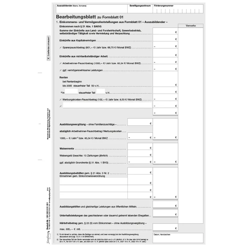 Bearbeitungsblatt Berechnung Einkommen Azubi zu Formblatt 01, A4, 2-seitig, 25 Stück
