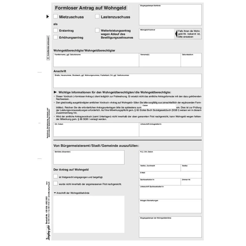 Formloser Antrag auf Wohngeld Mietzuschuss/ Lastenzuschuss, A4, geblockt, SD, 3000 Stück