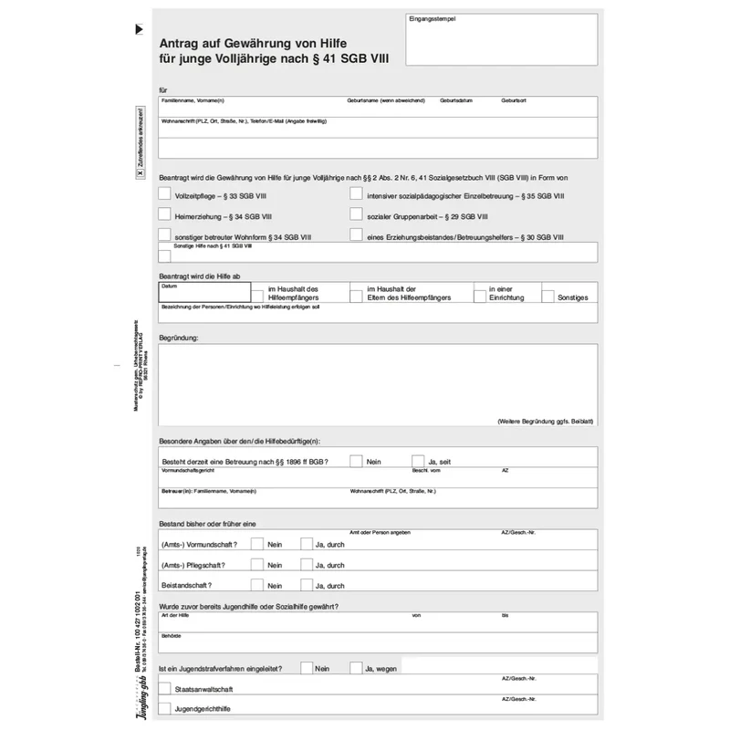 Antrag auf Gewährung von Hilfe für junge Volljährige nach § 41 SGB VIII, A4 4-seitig, 100 Stück