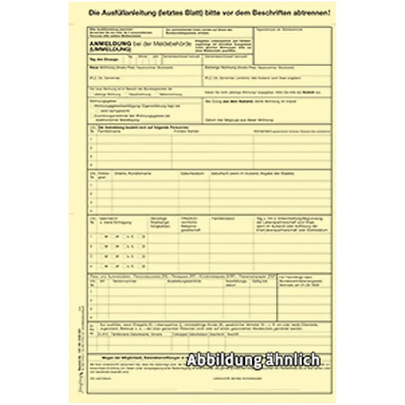 Anmeldung (Ummeldung) bei der Meldebehörde: Original, Kopie, Erläuterungen, gelb, 3-fach SD, 100 Satz
