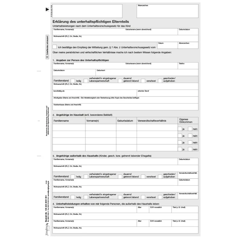 Erklärung des Unterhaltspflichtigen über persönliche u. wirtschaftl. Verhältnisse, A4, 50 Stück