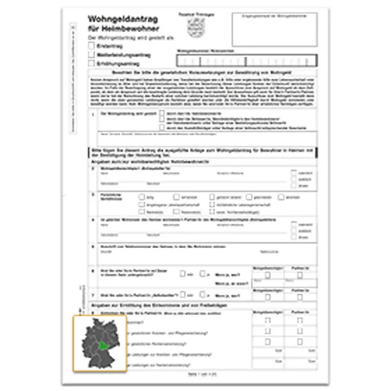 Antrag auf Gewährung von Wohngeld für Heimbewohner Thüringen, A4 4-seitig, weiß, 300 Stück