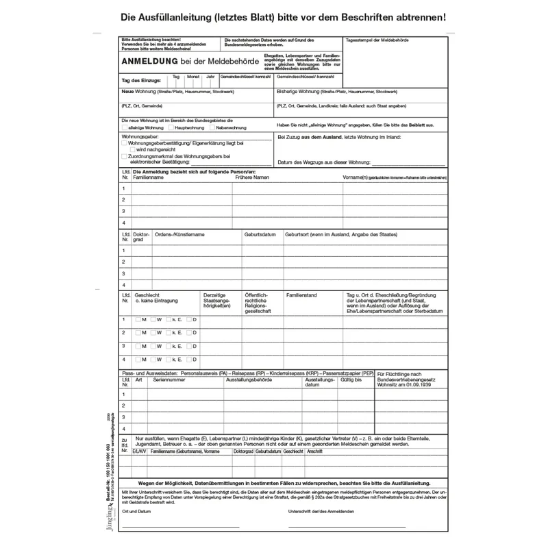 Anmeldung: Original, Kopie, Erläuterungen, 100 Satz