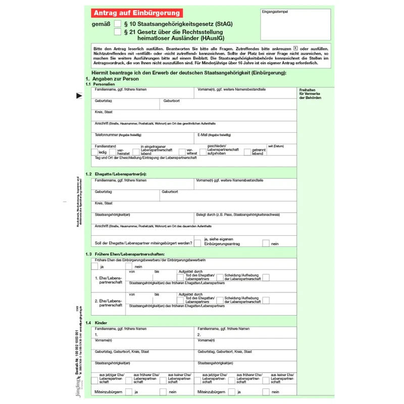 Einbürgerungsantrag § 10 StAG (oder § 21 HAuslG), A4, 4-seitig, 50 Stück