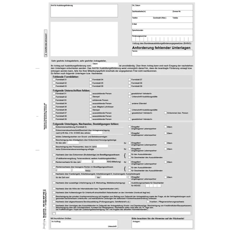 Anforderung fehlender Unterlagen (Variante), A4, 2-fach SD, 10 Satz