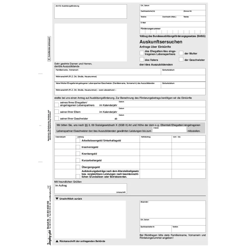 Auskunft über den Bezug von Lohnersatzleistungen des Ehegatten, der Mutter, des Vaters, der Geschwister, A4, 2-fach SD, 100 Satz
