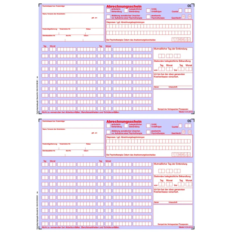 Abrechnungsschein (Muster der Kassenärztlichen Vereinigung), A4, 2 Nutzen, 100 Bogen