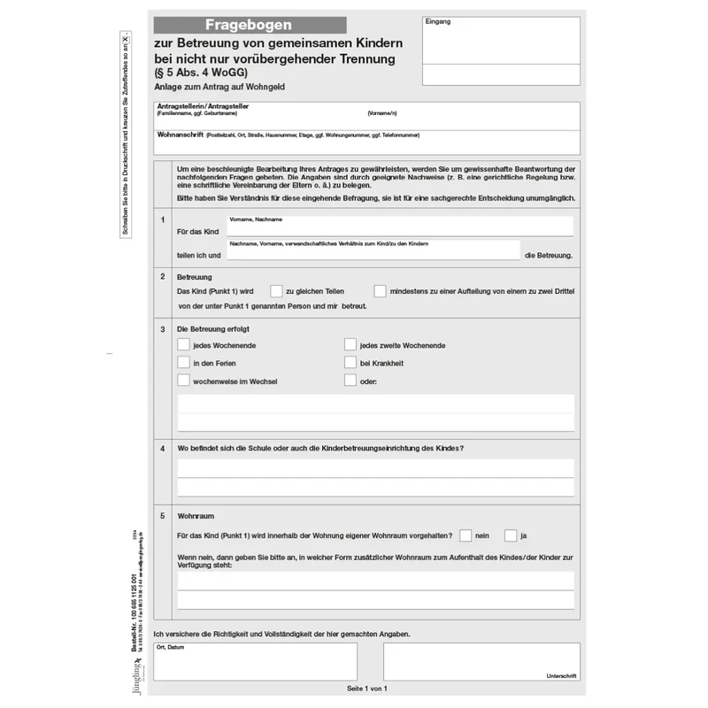 Fragebogen zur gemeinsamen Betreuung von Kindern (§ 5 Abs. 4 WoGG), A4, 1000 Stück