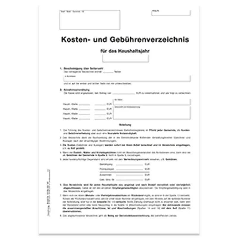 Kosten- und Gebührenverzeichnis -Titelbogen- DIN A4, 4-seitig, 50 Stück