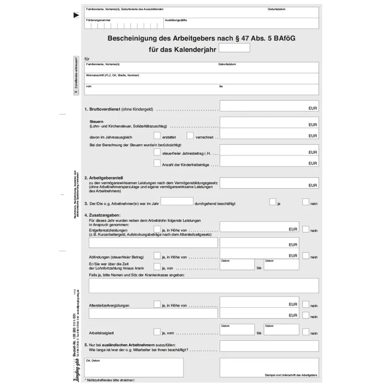 Verdienstbescheinigung des Arbeitgebers nach § 47 (5) BAföG, A4, 50 Stück
