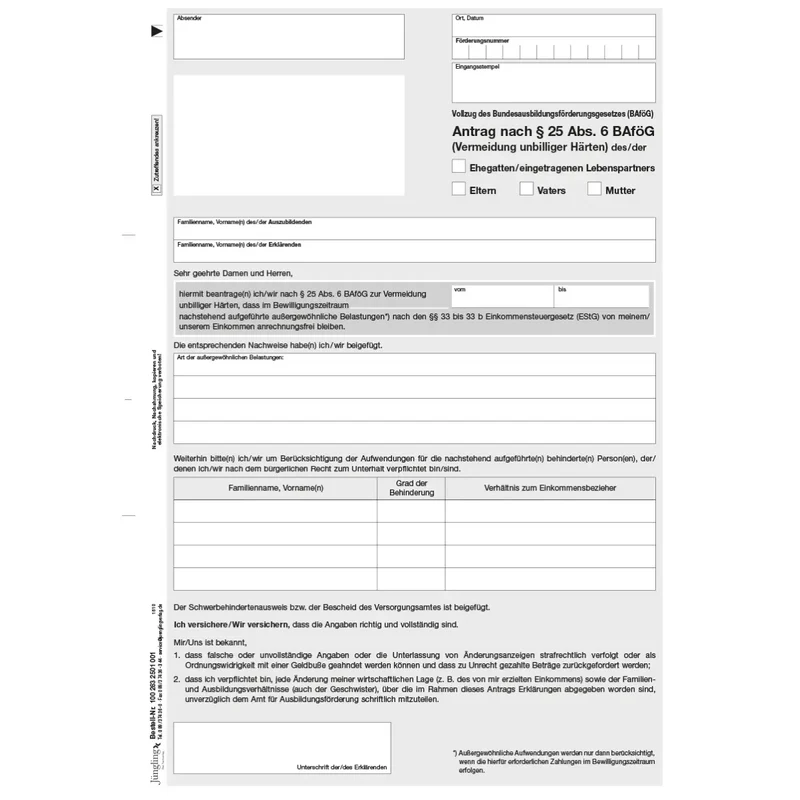 Antrag nach § 25 (6) BAföG zur Vermeidung unbilliger Härten, A4, 100 Stück