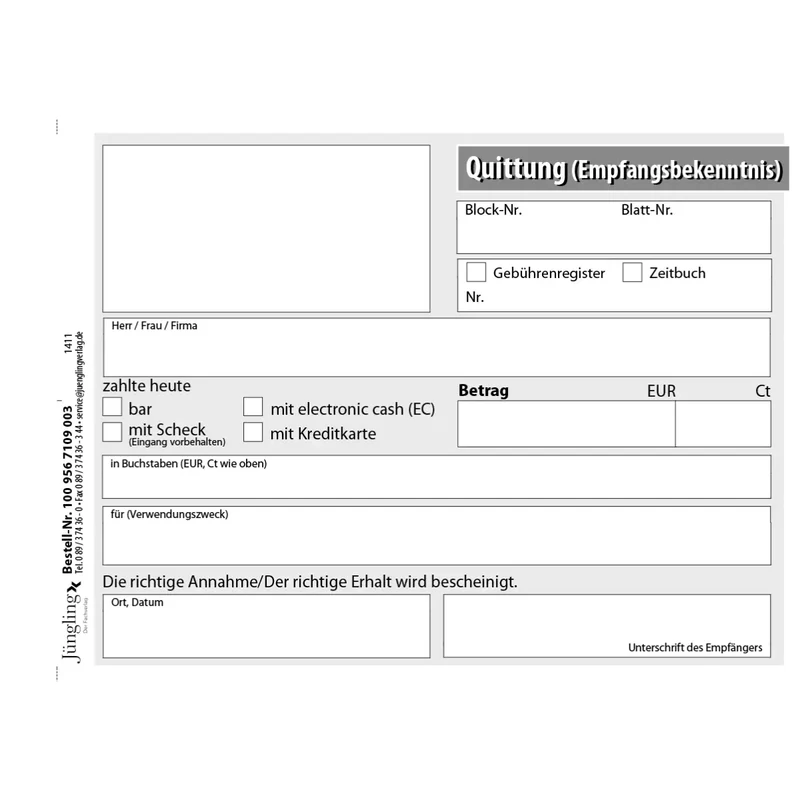 Quittung für eine Forderung, mit Block-/Blattnummer, Block, A6, 50 Satz, 3-fach, 10 Block