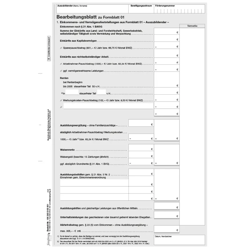 Bearbeitungsblatt Berechnung Einkommen Azubi und Eltern / Ehegatte zu Formblatt 01 und 03, A4, 4-seitig, 50 Stück