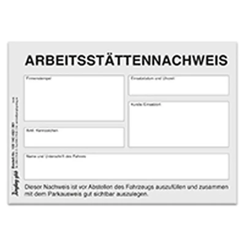 Arbeitsstättennachweis A6 zum Parkausweis Handwerker, 100 Block