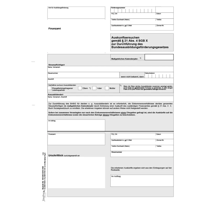 Auskunftsersuchen nach § 21 (4) SGB X, Anfrage beim Finanzamt, A4, 2-fach SD, 50 Satz