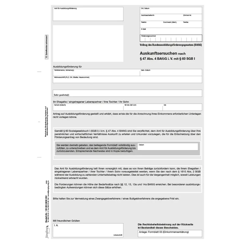 Auskunftsersuchen nach § 47 (4) BAföG i.V. mit § 60 SGB I, A4 2-fach, 40 Satz