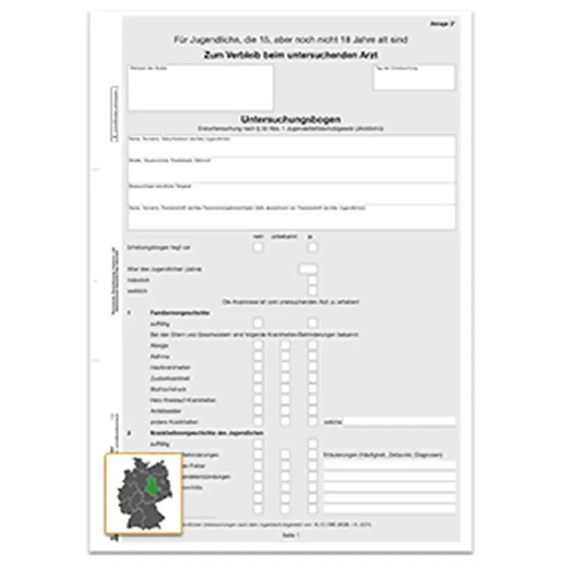 Untersuchungsbogen zur Erstuntersuchung, Anlage 2, DIN A4, 3 Blatt, 10 Satz