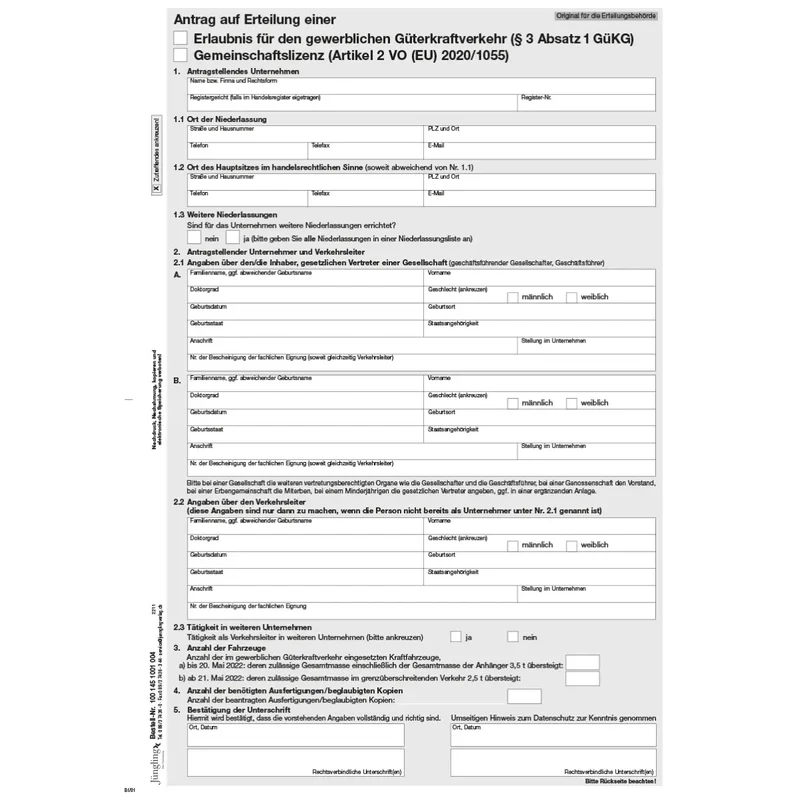 Antrag auf Erlaubnis gewerblicher Güterkraftverkehr / Gemeinschaftslizenz, A4, 4-fach, 80 Satz