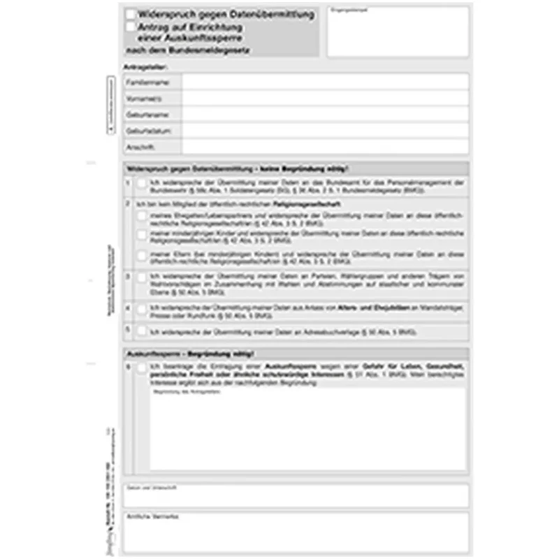 Einrichtung einer Auskunfts- bzw. Übermittlungssperre, A4, 2-fach, 25 Satz