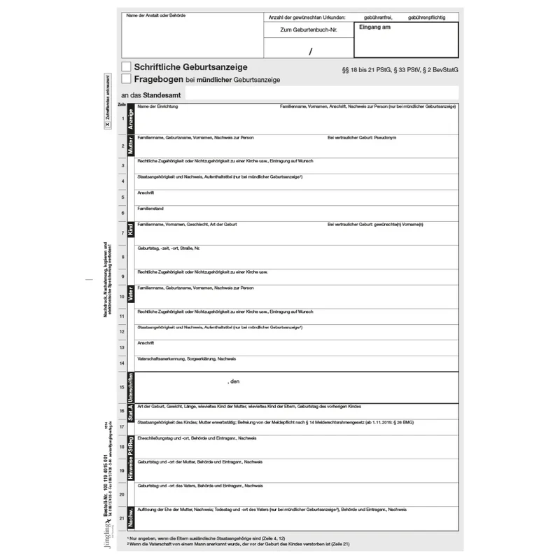 Kopierschutzpapier Schriftliche Geburtsanzeige gemäß PStG mit Namenserklärung, A4, 40 Stück