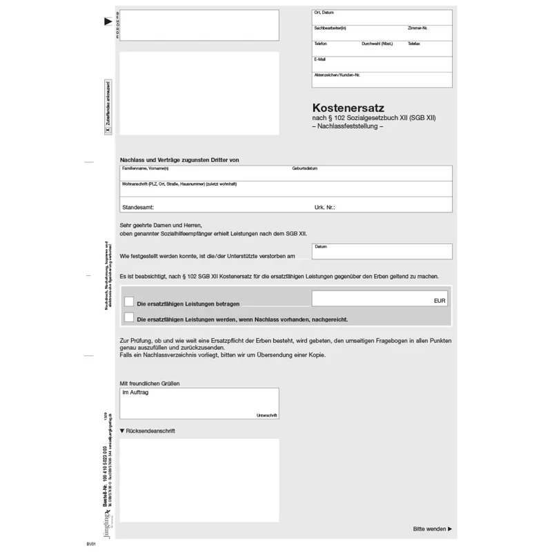 Nachlassfeststellung bei Nachlassgericht (§ 102 SGB XII), A4 3-fach, 50 Satz