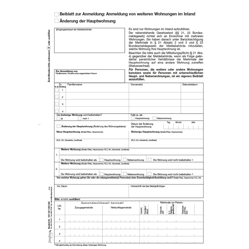 Beiblatt zur Anmeldung (mehrere Wohnungen) und Änderung Hauptwohnung, A4, 2-fach SD, 100 Satz