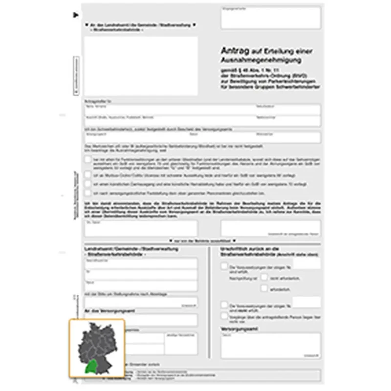 Antrag auf Parkerleichterung, für besondere Gruppen von Schwerbehinderten, B-W, A4, 3fach, 3000 Satz