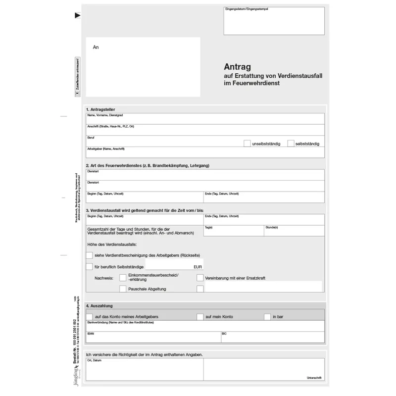 Antrag Verdienstausfall, Feuerwehrdienst, A4, 2-fach SD, 100 Satz