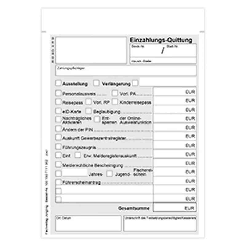 Quittung Pass- und Meldeamt, Block, A6, 50 Satz, 2-fach SD, 50 Block