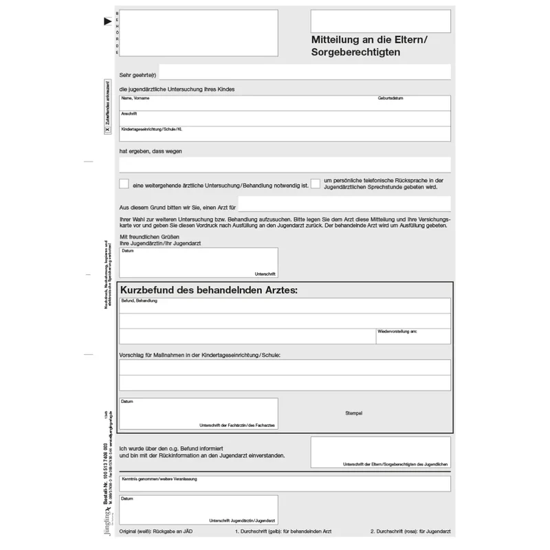 Mitteilung an die Eltern / Sorgeberechtigten, A4, 3fach, 100 Satz