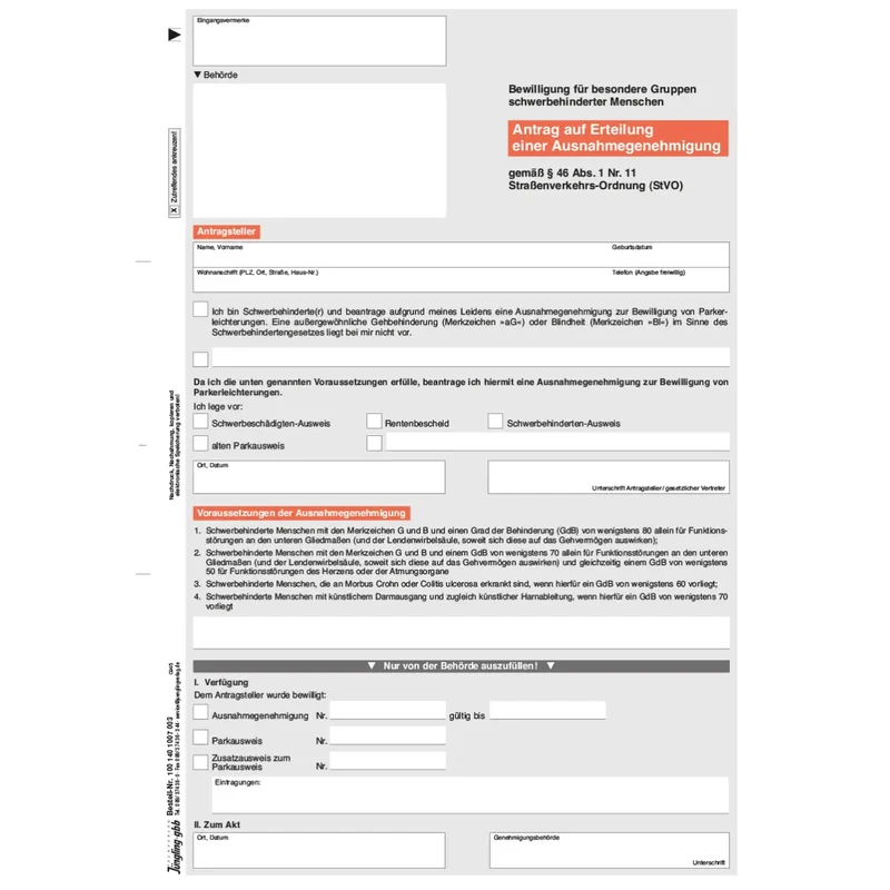 Antrag auf Erteilung einer Ausnahmegenehmigung gem. § 46 Abs. 1 Nr. 11 für besondere Gruppen Schwerbehinderter, A4, 3-fach, SD, 2000 Satz