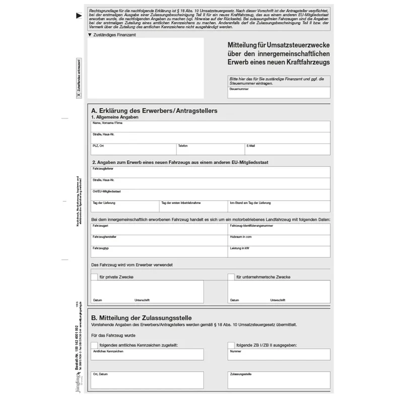 Mitteilung über Kfz-Erwerb in einem anderen EU-Staat (Umsatzsteuerzwecke), A4, 2-fach SD, 100 Satz