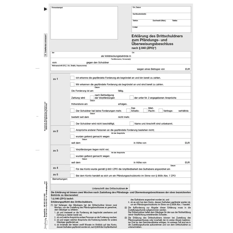 Drittschuldnererklärung, A4 2-fach, 100 Satz