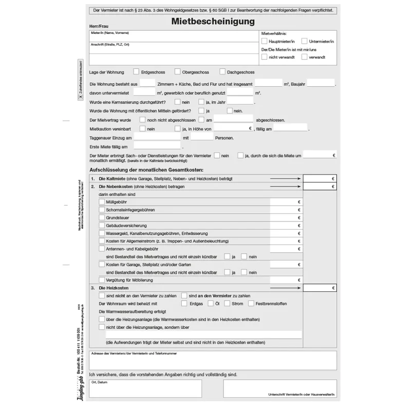 Mietbescheinigung nach § 23 Abs. 3 Wohngeldgesetz, A4, 2000 Stück