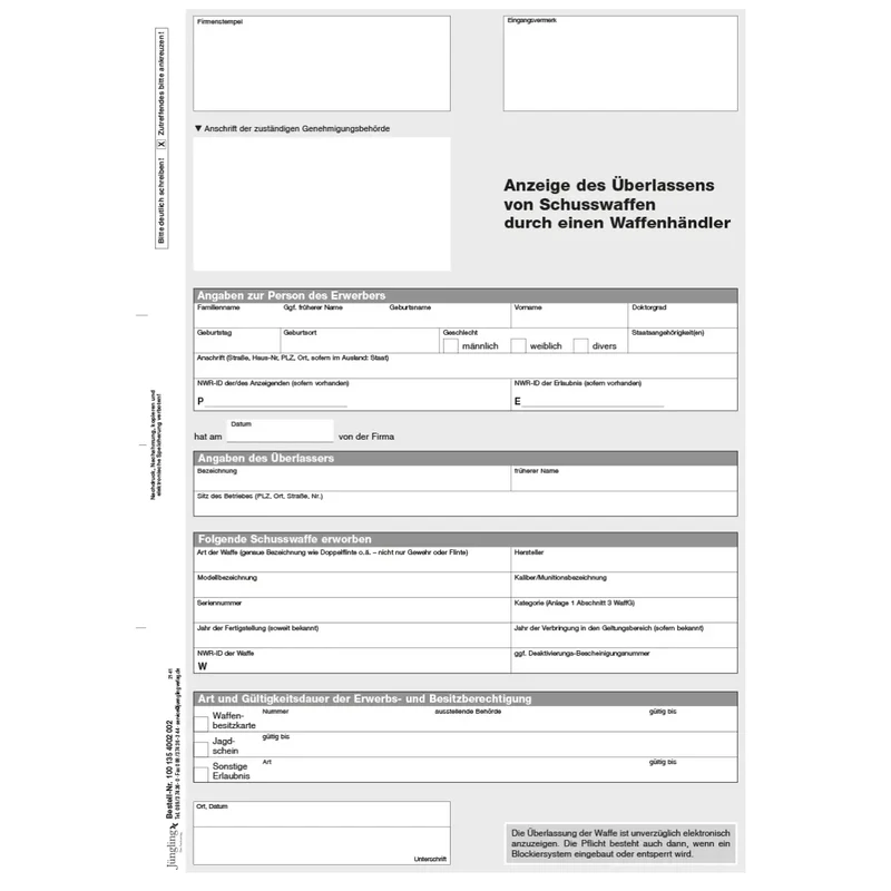 Anzeige der Überlassung einer Waffe durch einen Waffenhändler, A4, 2-fach SD, 100 Satz