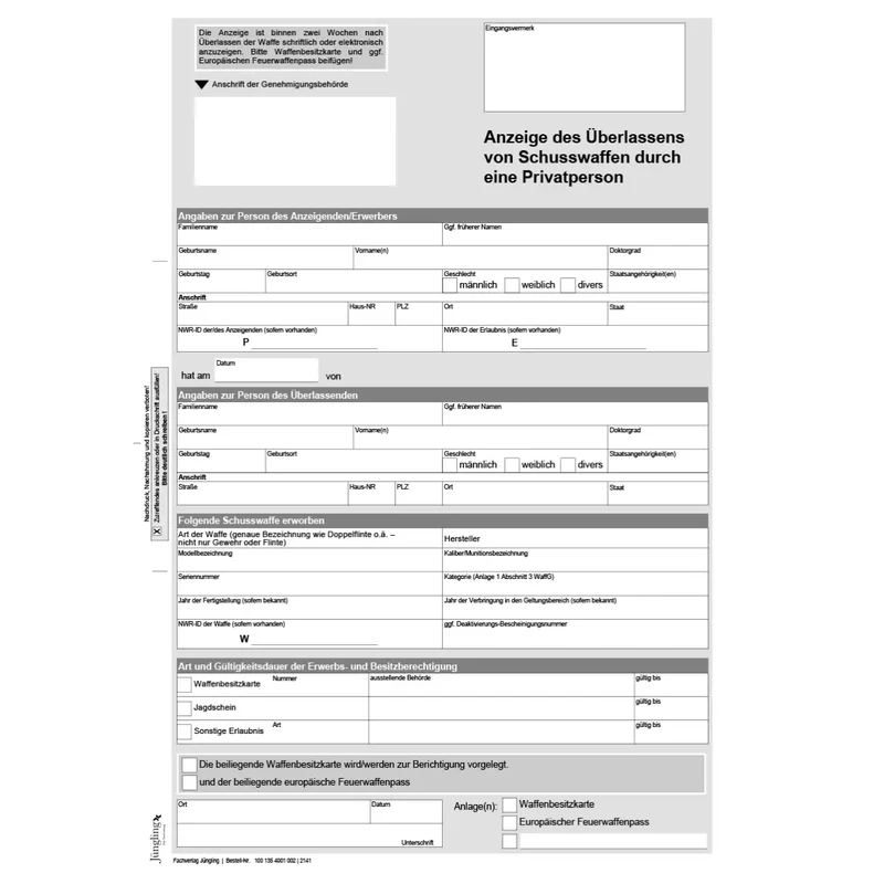 Anzeige der Überlassung einer Waffe durch eine Privatperson, A4, 2-fach SD, 3000 Satz