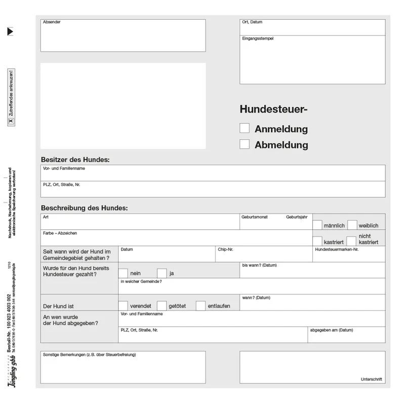 Hundesteuer-An-/Abmeldung, 2/3 DIN A4, 2fach, 500 Satz
